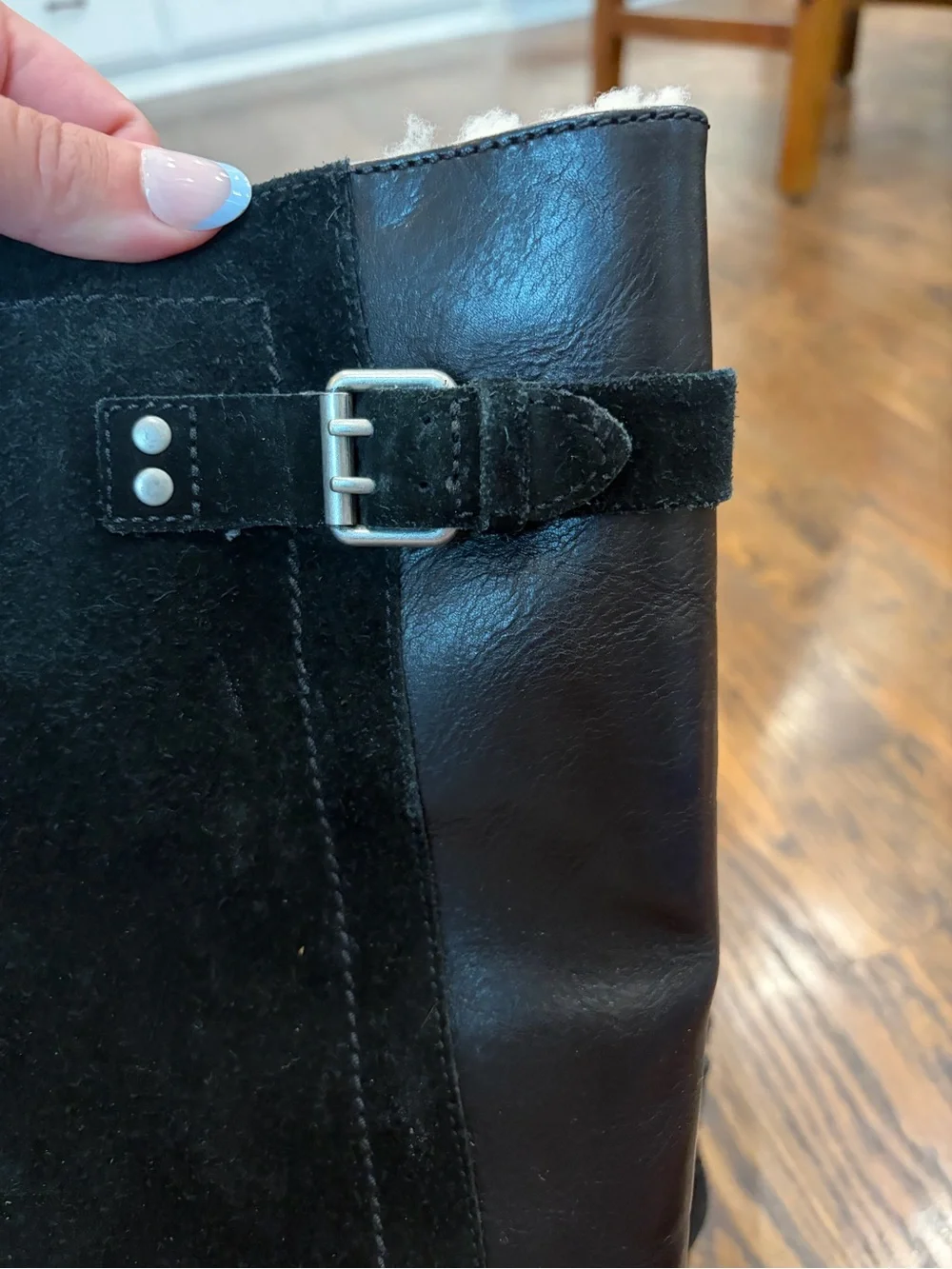 UGG Cydnee Black Suede Leather Buckle Shearling Lined Riding Campus Boots